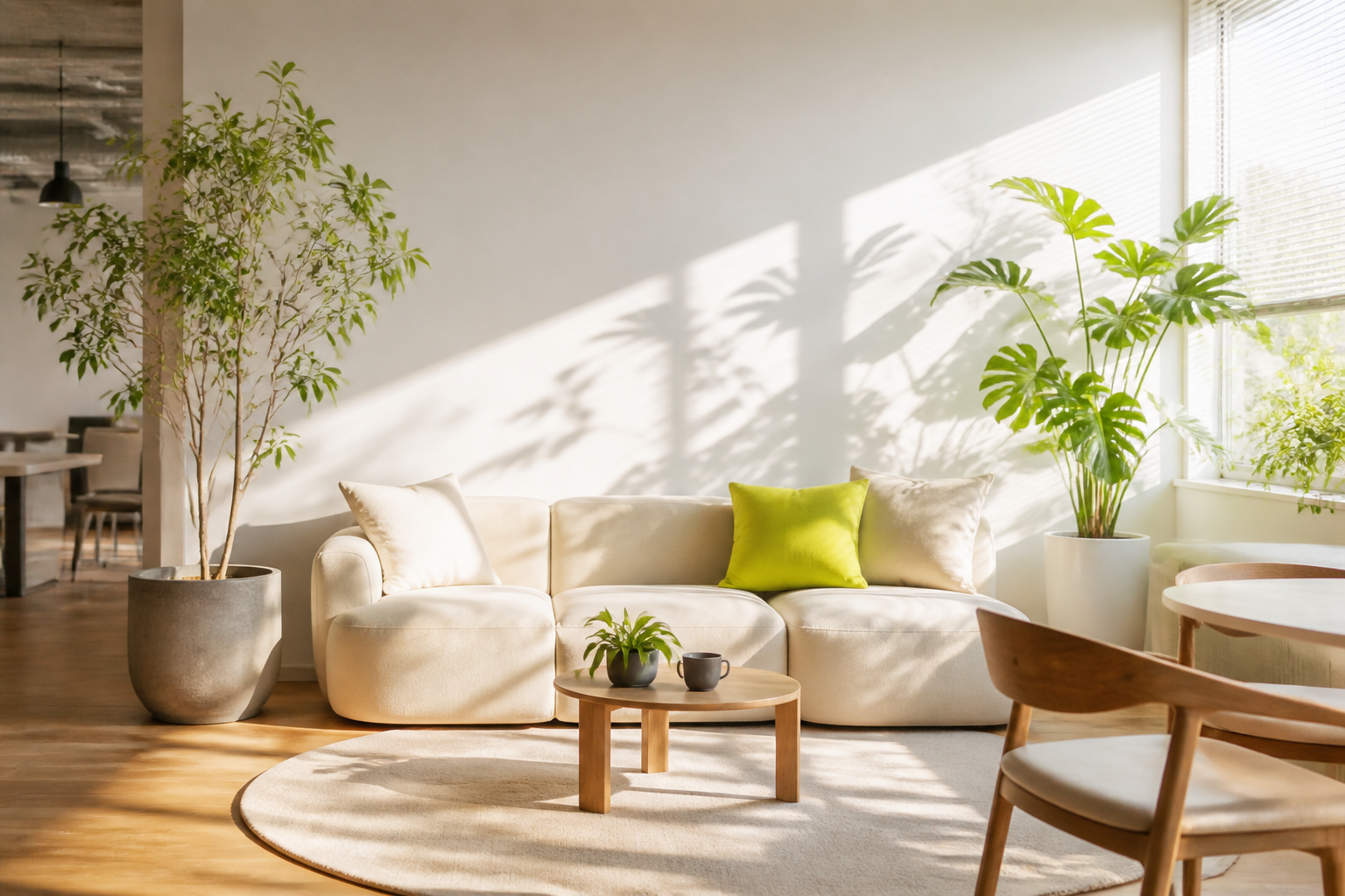 植物とソファのある明るいラウンジ