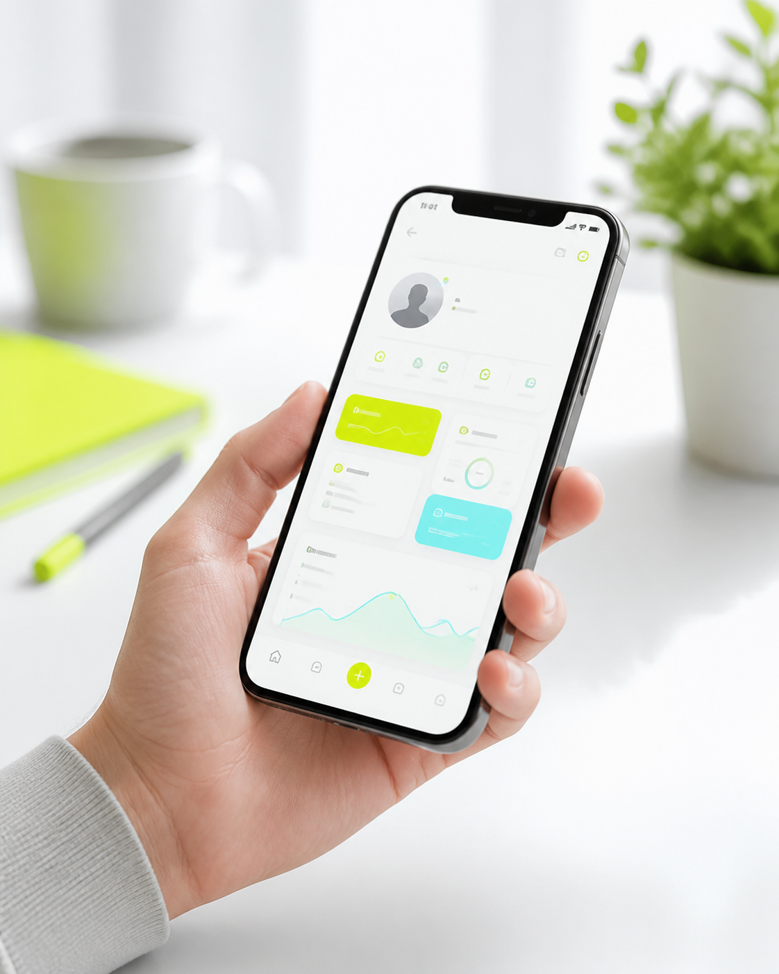 スマートフォンのUI画面を確認する手元